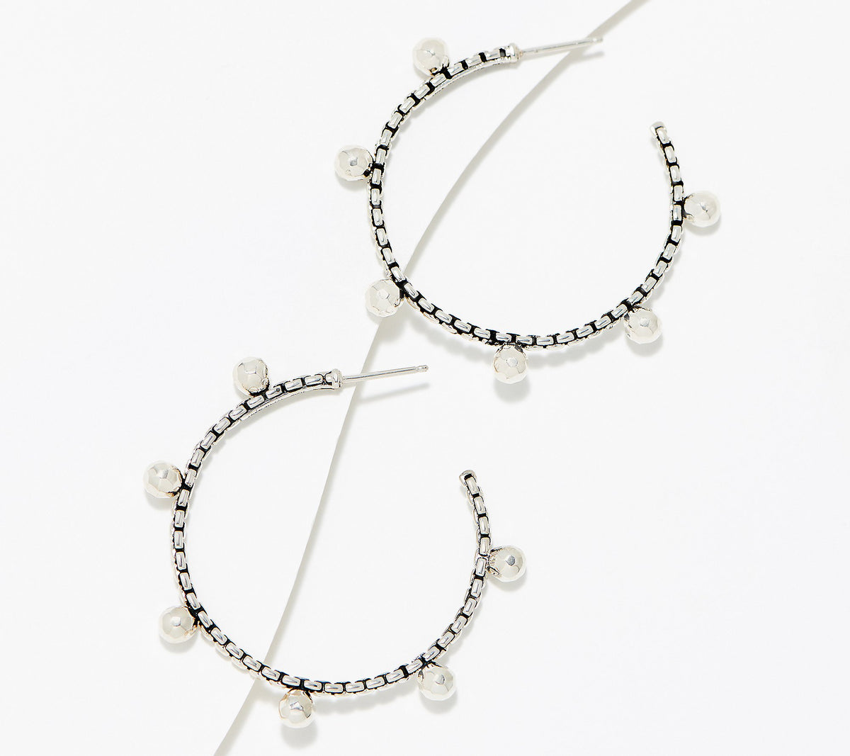 JAI Sterling Silver Hammered Bead 2" Hoop Earrings