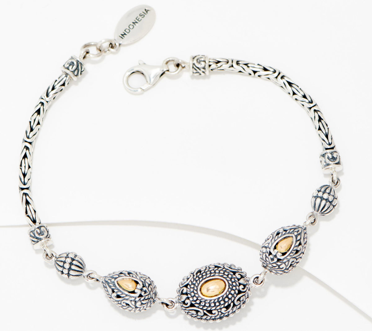 Artisan Crafted Sterling Silver & 18K Gold Accents Bead Station Bracelet, 6-3/4"