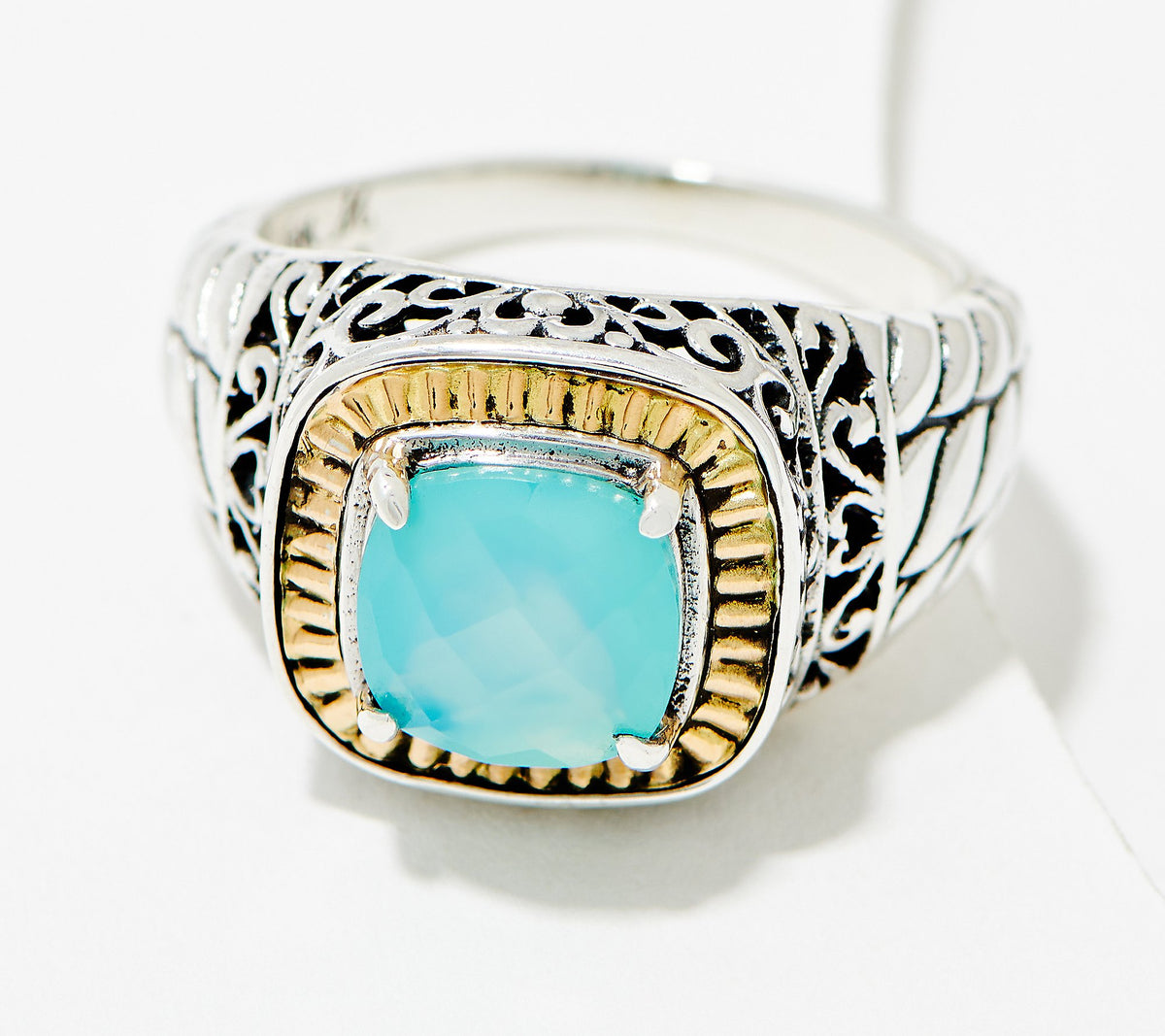 Artisan Crafted Sterling Silver 2-Tone Blue Cushion Cut Ring, Size 7