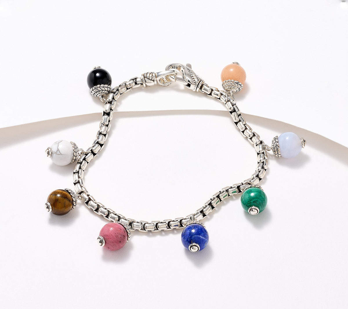 JAI Sterling Silver 3.7mm Box Chain Mixed Gemstone Bead Bracelet, 7-1/4"