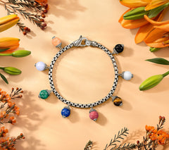 JAI Sterling Silver 3.7mm Box Chain Mixed Gemstone Bead Bracelet, 7-1/4"