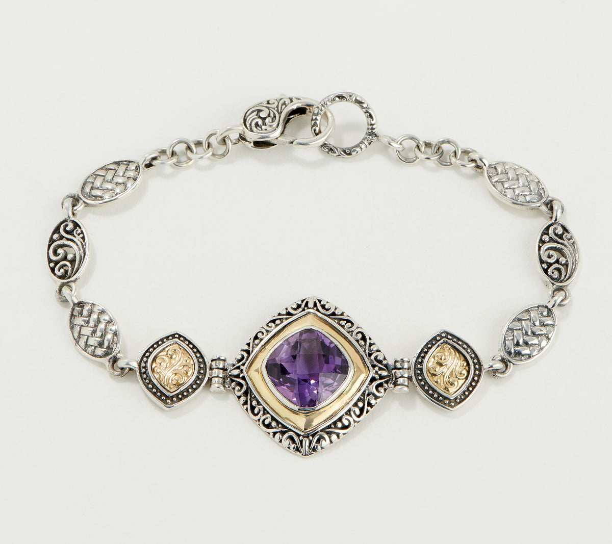 Artisan Crafted Sterling Silver & 18K Accents Amethyst Bracelet, Avg 7-1/4"