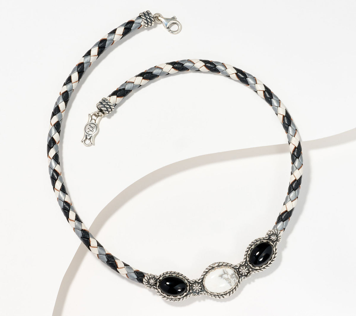 American West Tonal Braided Leather 3-Stone Gemstone & SS Necklace, 20"