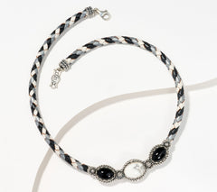 American West Tonal Braided Leather 3-Stone Gemstone & SS Necklace, 20"