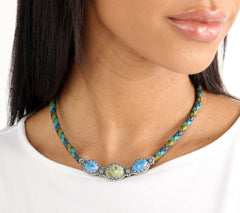 Collar de cuero trenzado de tres piedras en tonos azules del oeste americano, 50 cm
