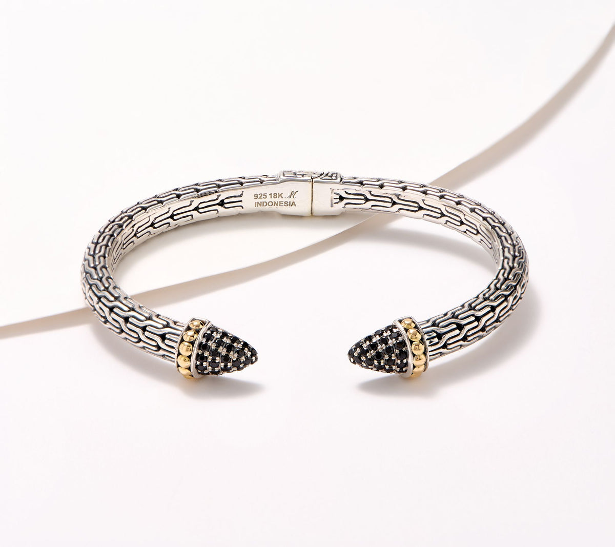 Artisan Crafted  Sterling Silver & 18K Accents Tulang Naga Black Spinel Cuff Bracelet, 6-3/4"