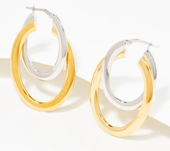 Italian Silver Shiny Double Oval Hoop Earrings, Silver & 18K Yellow Gold-Plated Sterling Silver