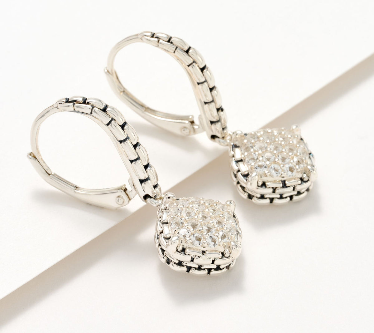 JAI Sterling Silver Signature Pave White Topaz Lever Back Earrings, 1"