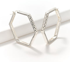 JAI Sterling Silver Geometric Crane Textured Hoop Earrings, 1-1/2"
