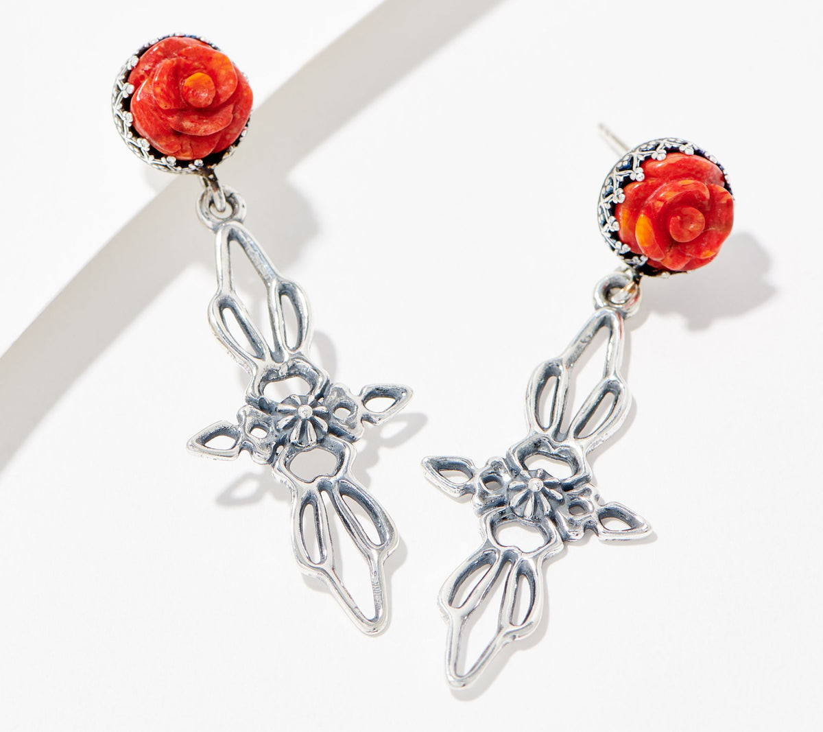 American West Sterling Carved Red Coral Rose Dangle Earrings, 2"