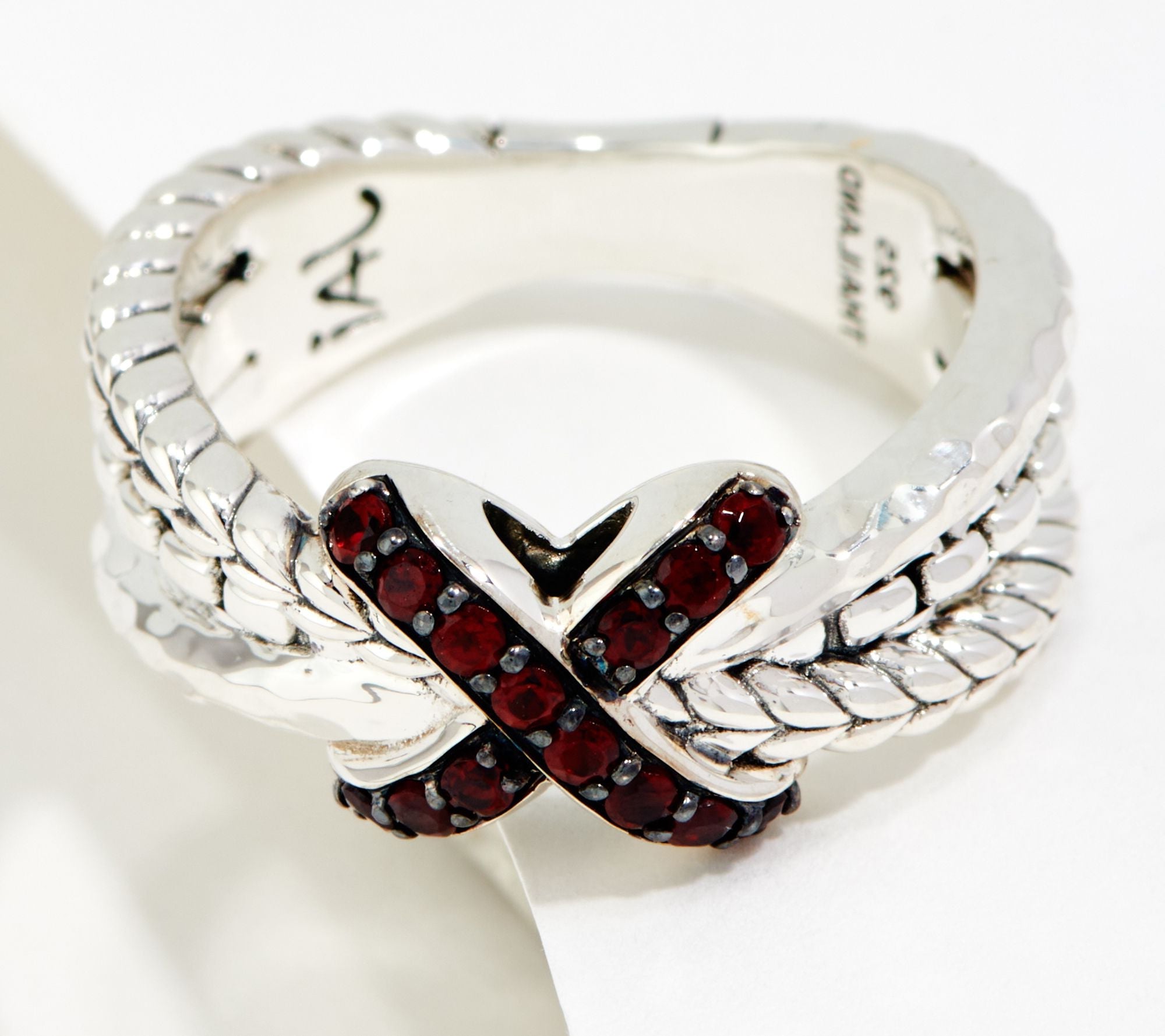 JAI Sterling Silver Texture Garnet X-Ring, Size 7