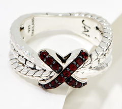 JAI Sterling Silver Texture Garnet X-Ring, Size 7