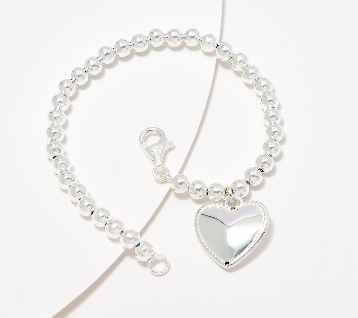UltraFine 950 Silver 5mm Heart Charm Beaded Bracelet, 6-3/4"
