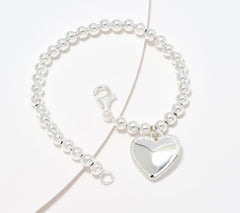 UltraFine 950 Silver 5mm Heart Charm Beaded Bracelet, 6-3/4"