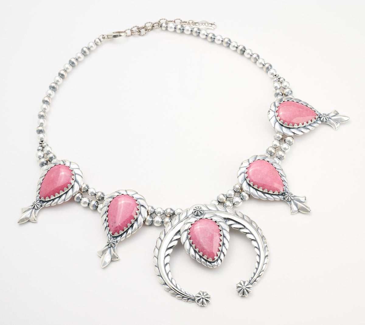 American West Sterling Silver Rhodonite Gem Squash Blossom Necklace