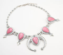 American West Sterling Silver Rhodonite Gem Squash Blossom Necklace