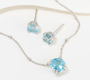 Affinity Gems Sterling Silver Round Solitaire Blue Topaz Necklace & Studs Set