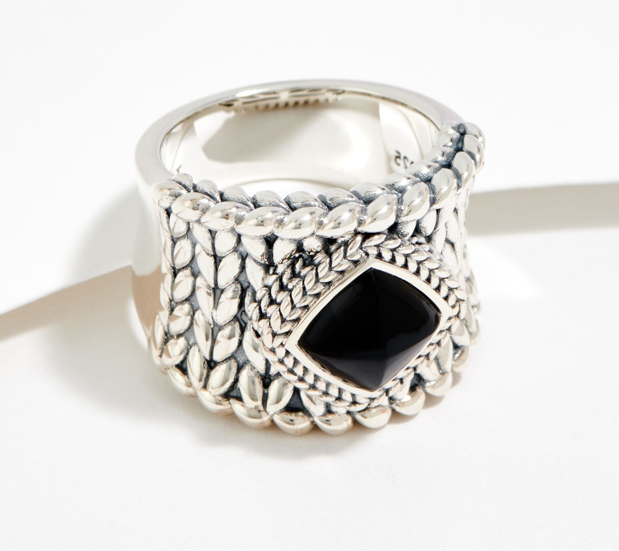 JAI Sterling Silver Black Spinel Basketweave Ring, Size 8