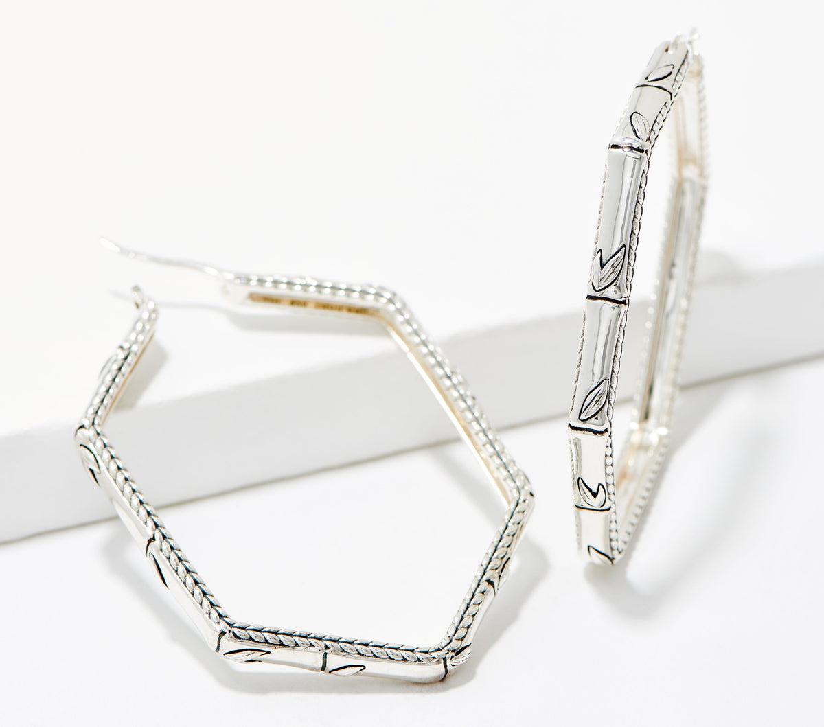 JAI Sterling Silver Geometric Bamboo Textured Hoop Earrings, 2"