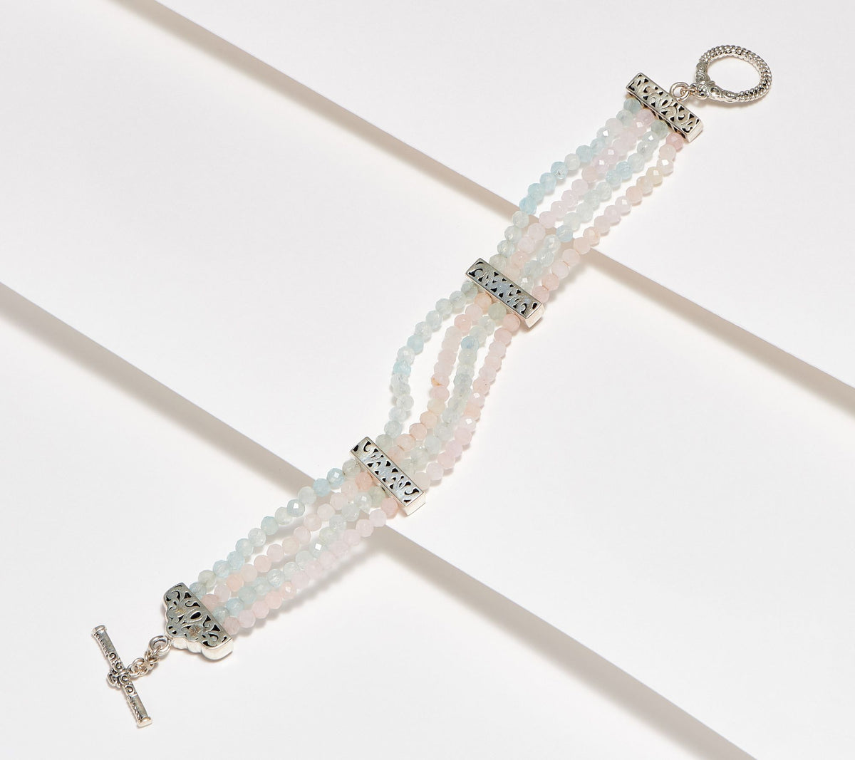 Artisan Crafted Sterling Silver Multi Row Morganite Bead Bracelet, 8"
