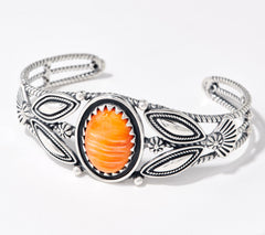Brazalete Thunderbird de plata esterlina con concha espinosa naranja del oeste americano, 16,7 cm