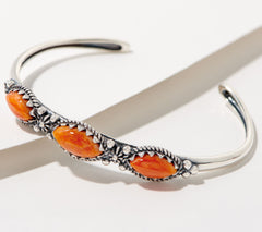 American West Sterling Silver Three Orange Spiny Gemstone Stackable Cuff 6-3/4"