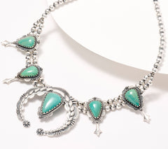 American West Sterling Silver Green Turquoise Squash Blossom Necklace, 17"