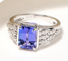 Affinity Gems Emerald Cut Tanzanite & Pave Diamond Ring, 14K White Gold