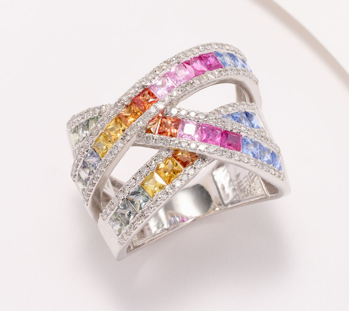 Effy Watercolors 14K White Gold Multi-Sapphire Gem & Diamond Highway Ring, Size 11