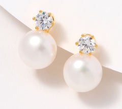 Honora x Diamonique Gold-Over SS Cultured Pearl Classic Button Earrings