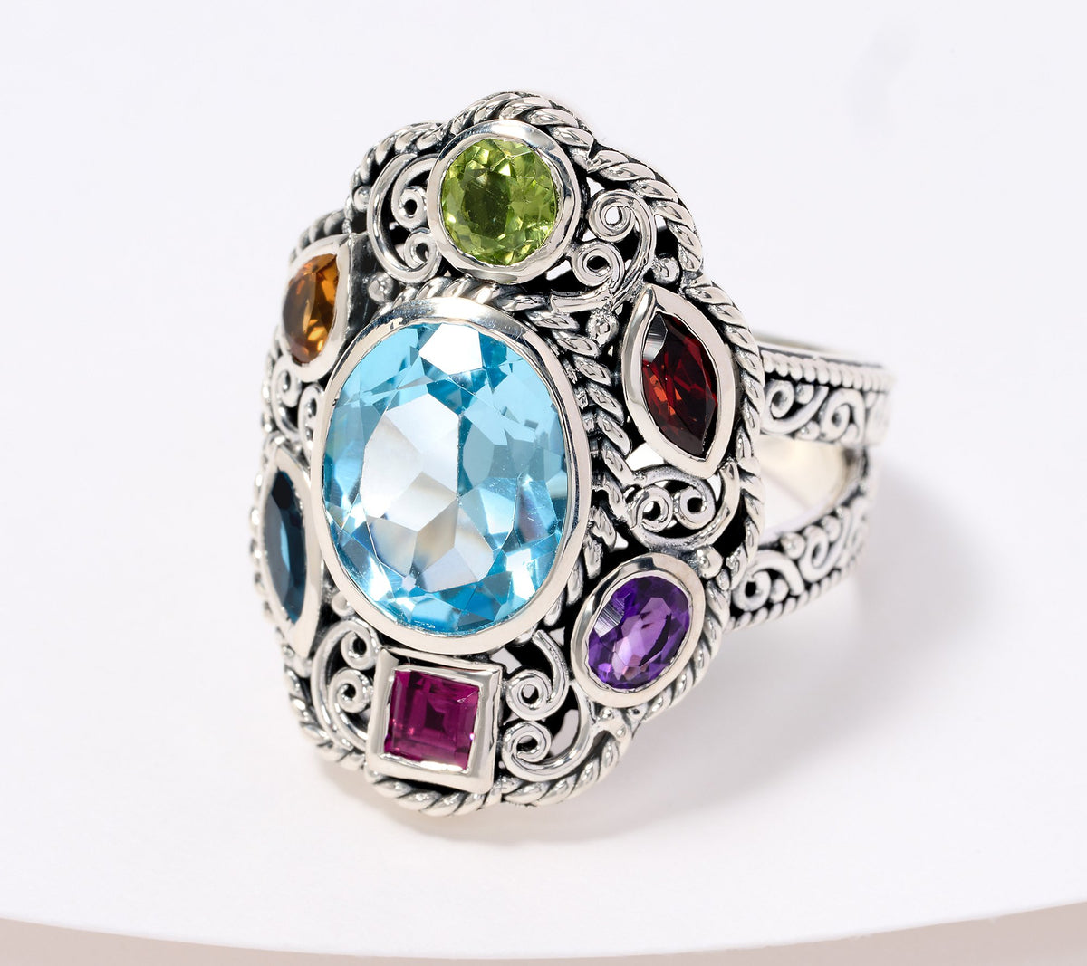 Artisan Crafted  Sterling Silver Multi-Gemstone Filigree Ring, Size 6
