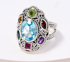 Artisan Crafted  Sterling Silver Multi-Gemstone Filigree Ring, Size 6