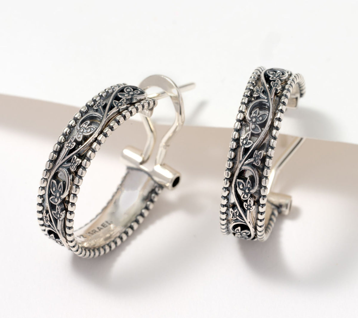 Or Paz Sterling Silver Leaf Detail Omega Back Hoop Earrings