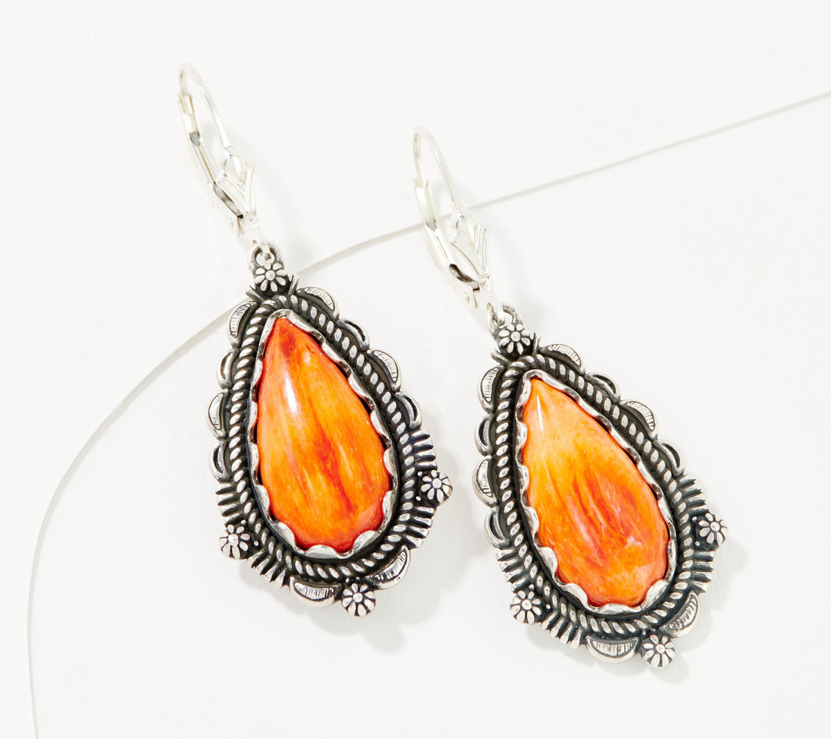 American West Sterling Pear Shape Orange Spiny Earrings, 1-7/8"
