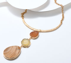 Susan Graver Brown Semi-Precious Three Drop Necklace, Goldtone