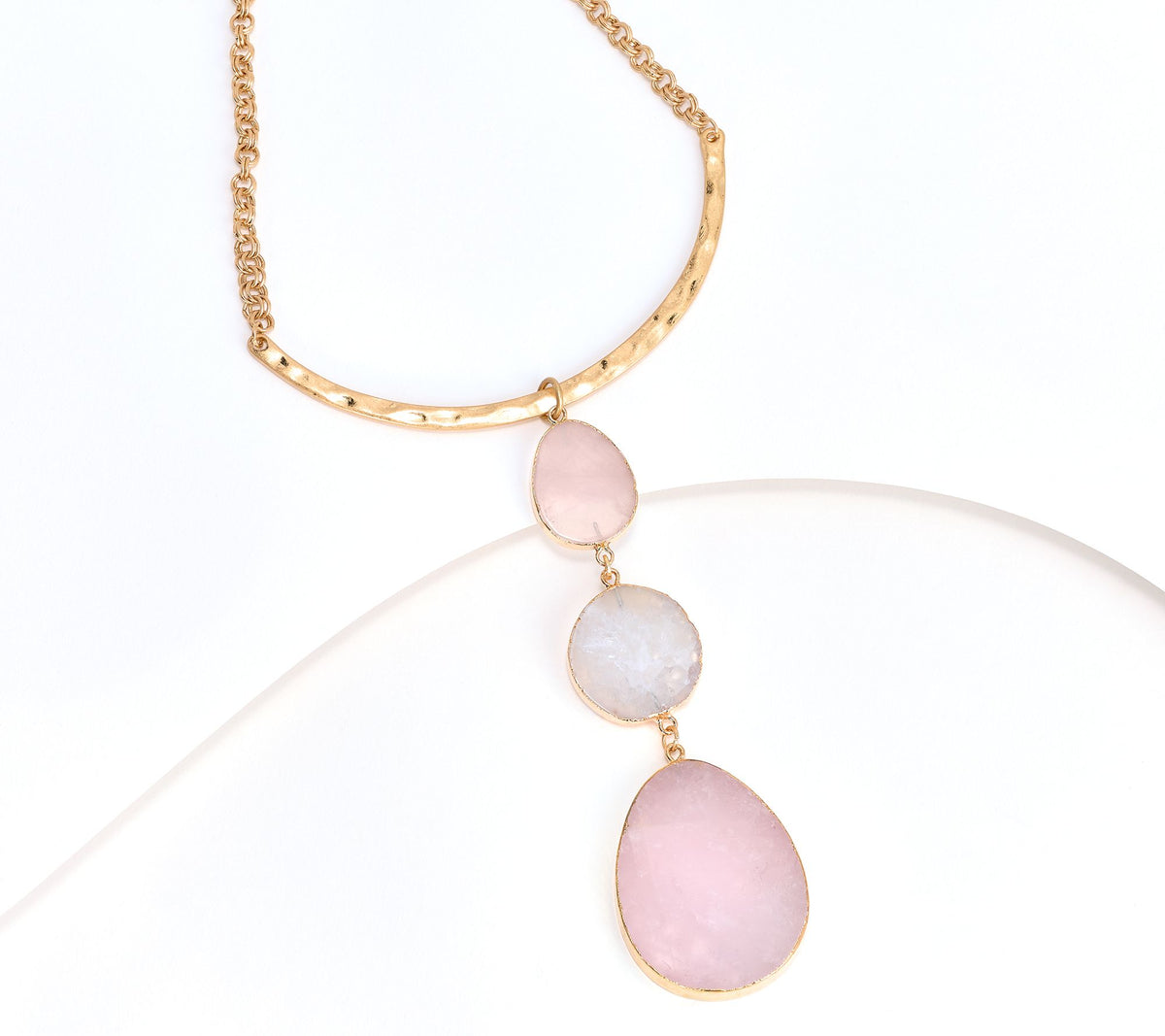 Susan Graver Light Rose Semi-Precious Three Drop Necklace, Goldtone