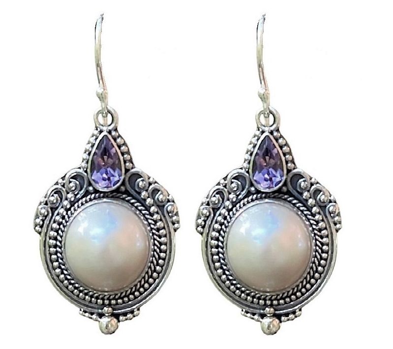 Artisan Crafted Sterling Silver Amethyst & Pearl Drop Earrings,