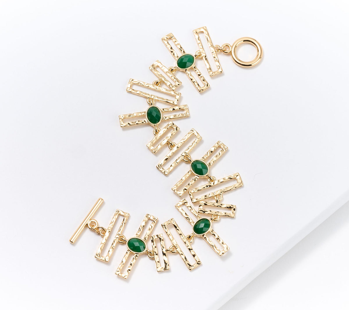 Susan Graver Goldtone Hammered Metal and Green Stone Bracelet, 7-3/4"