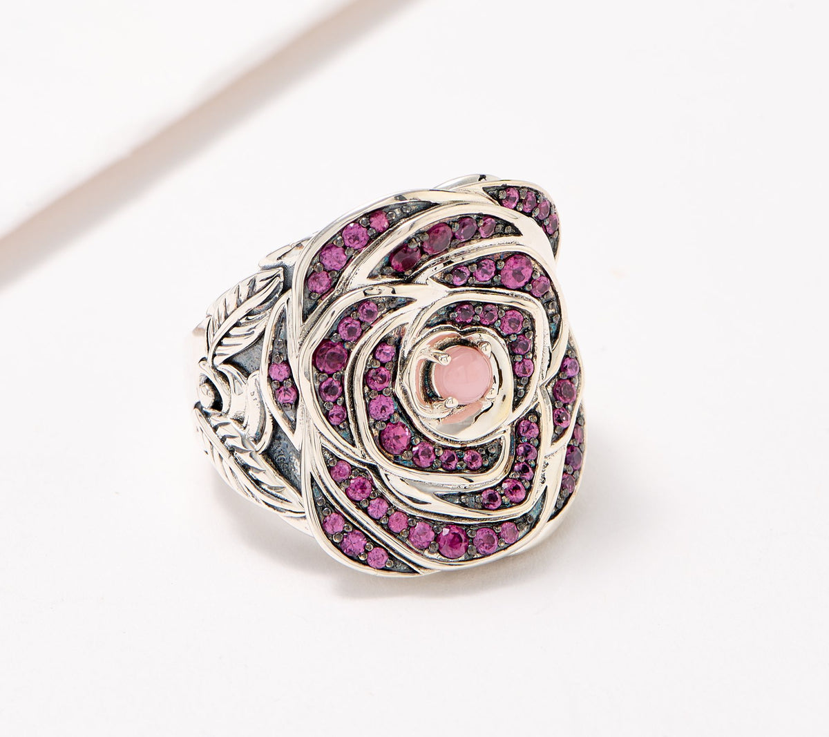 Third Person Sterling Silver Rose Pink Opal & Rhodolite Saddle Ring. Size 7