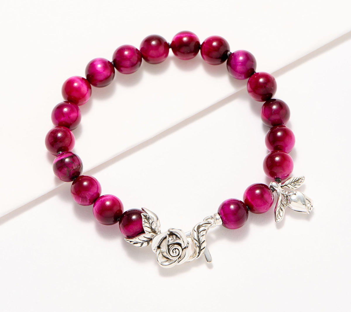 Pulsera de plata de ley con cuentas de ojo de tigre rosa Wandering Rose de Third Person, 6-1/2"