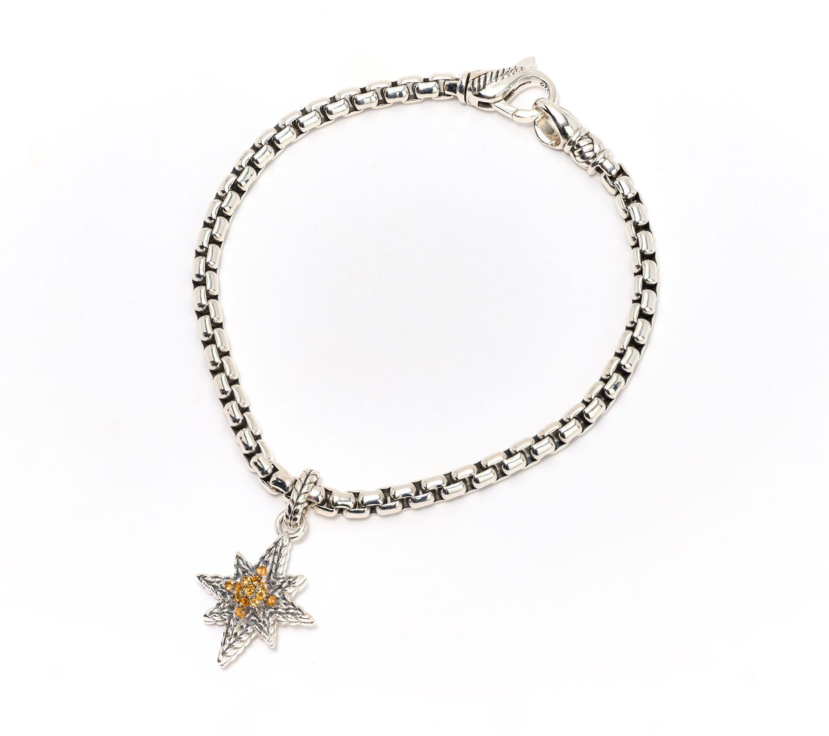 JAI Sterling Silver 3.7mm Box Chain Pave Citrine Charm Bracelet, 7-1/4"