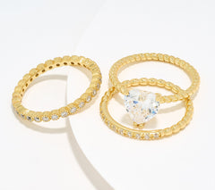 Diamonique Set of Three Heart Rings 14K Yellow Gold-Plated Sterling Silver Size 10