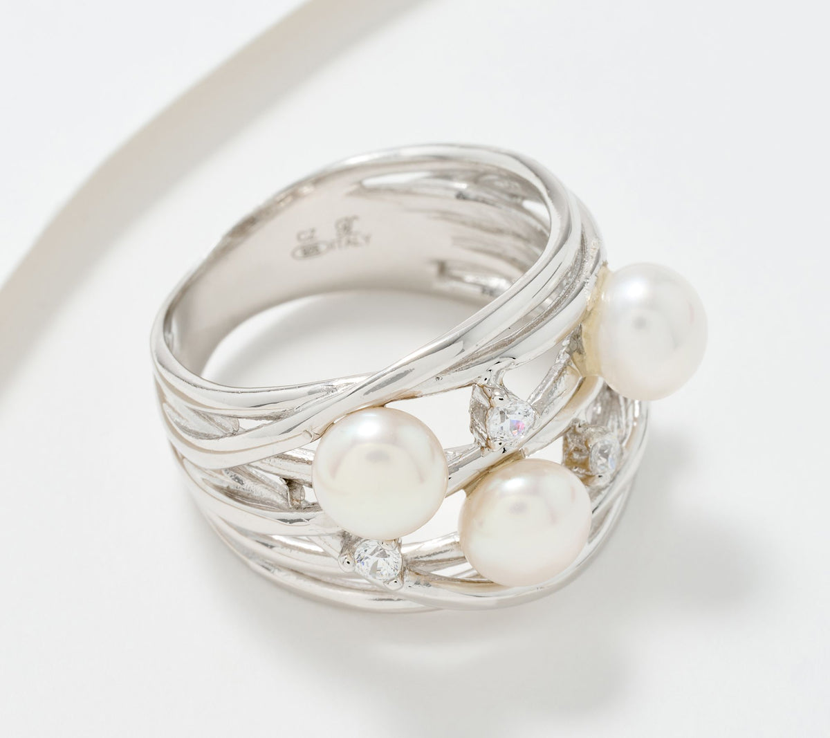 Honora Sterling Silver Cultured Pearl & Cubic Zirconia Highway Ring, Size 6