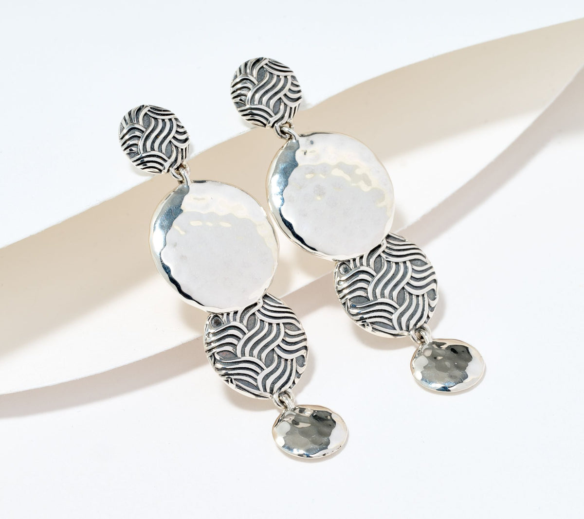 JAI Sterling Silver Wave & Hammered Disk Earrings, 1-3/4"