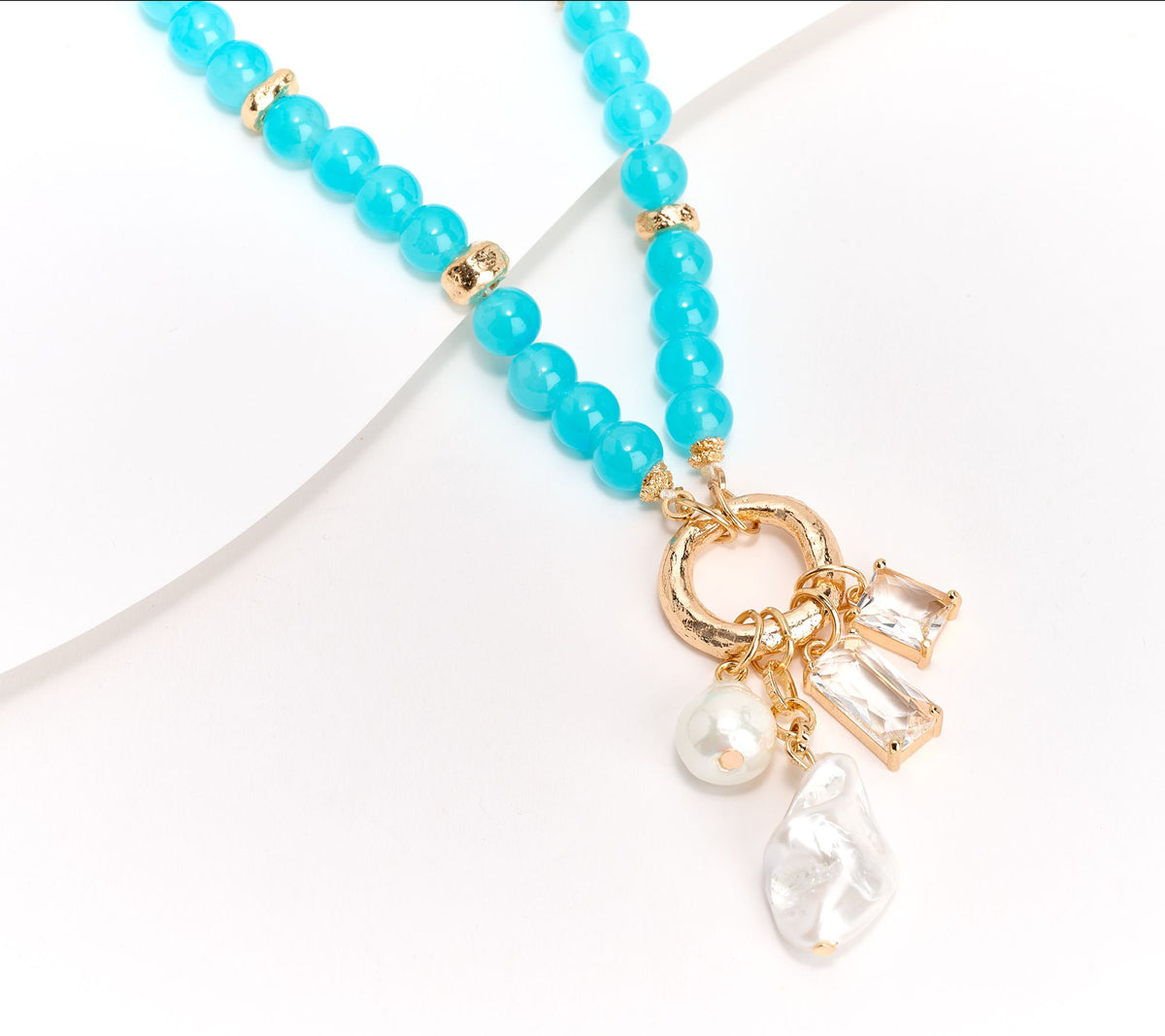 Susan Graver Beaded Necklace with Pearlescent Charm Pendant, Turquoise