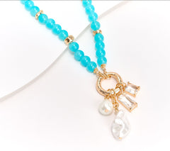 Susan Graver Beaded Necklace with Pearlescent Charm Pendant, Turquoise