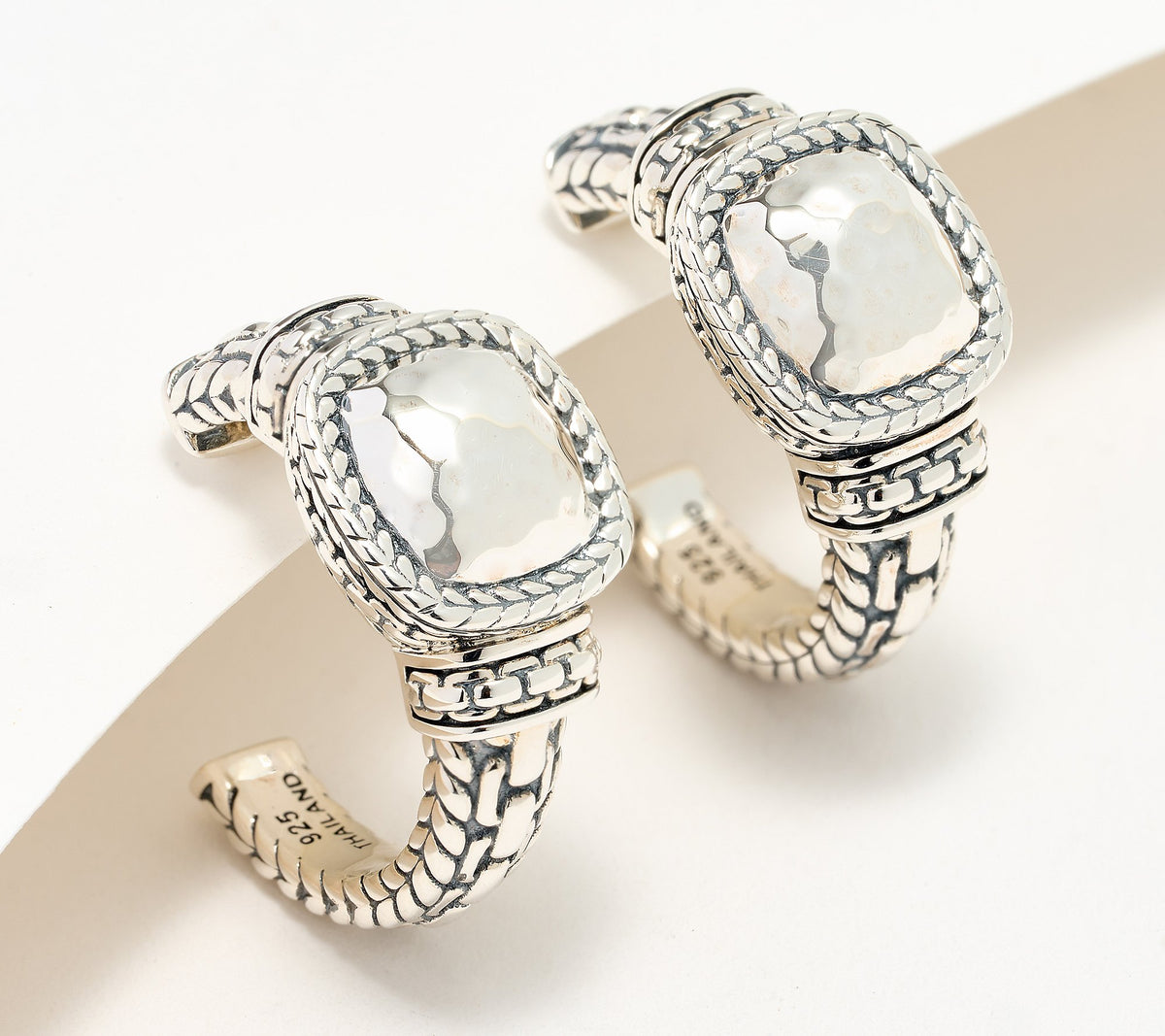 JAI Sterling Silver Hammered Cushion Hoop Earrings