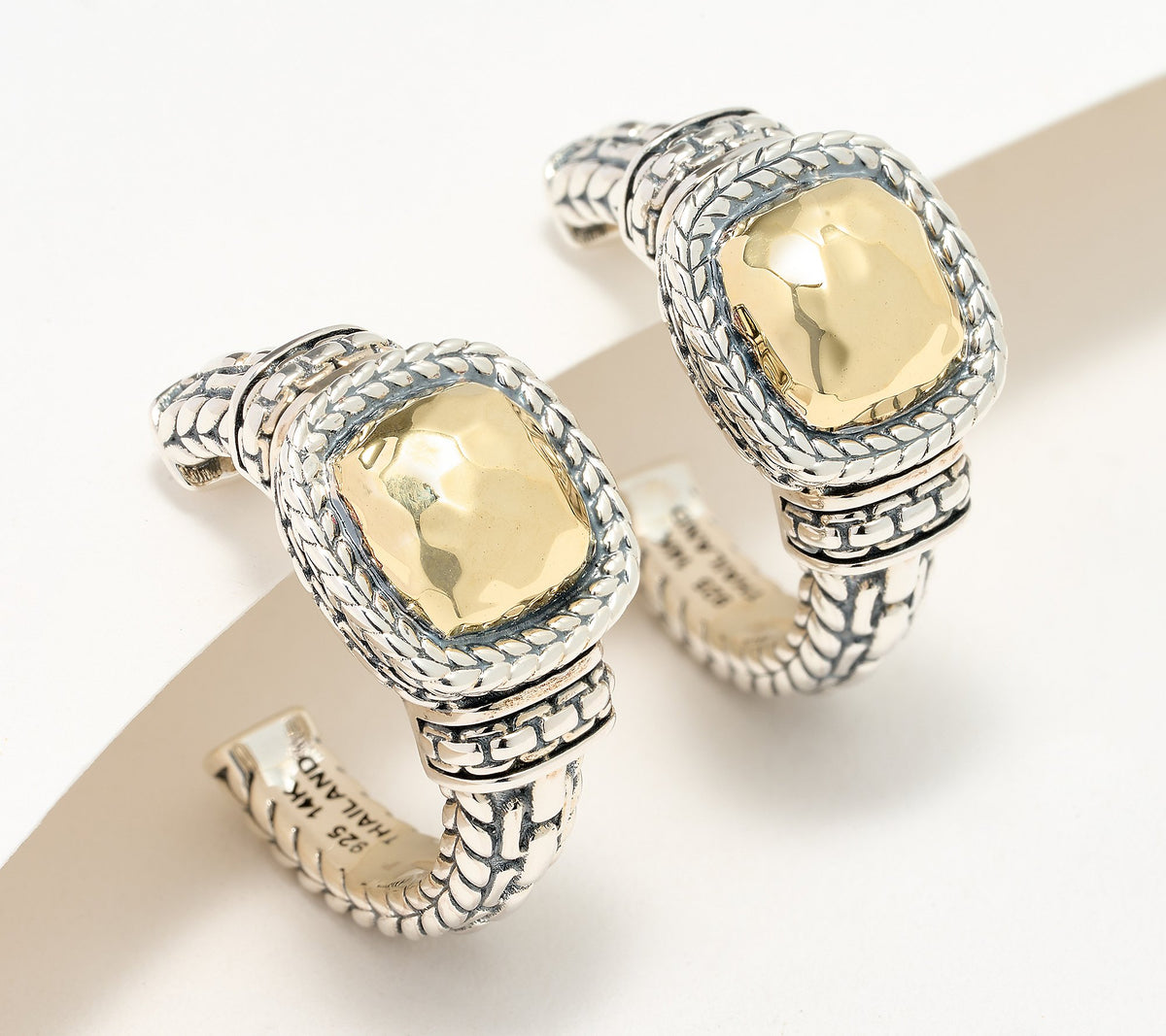 JAI 14K Gold & Sterling Silver Hammered Hoop Earrings