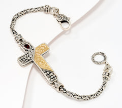 Artisan Crafted Sterling Silver & 18K Accents Byzantine Cross & Garnet Bracelet, 7-1/4"