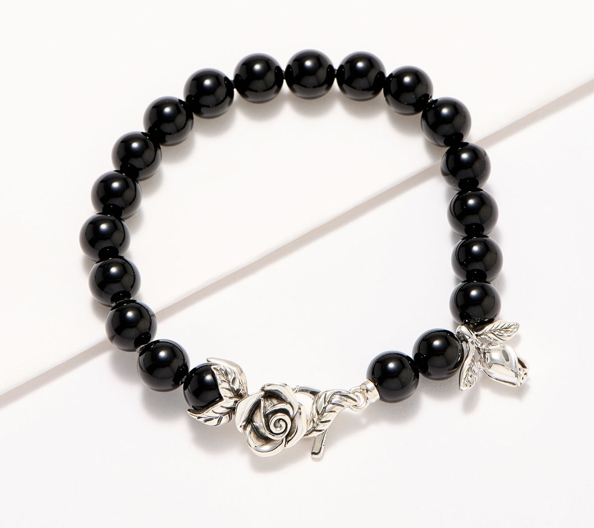 Third Person Sterling Silver Wandering Rose Black Onyx Beaded Bracelet, 6-3/4; 6"fit